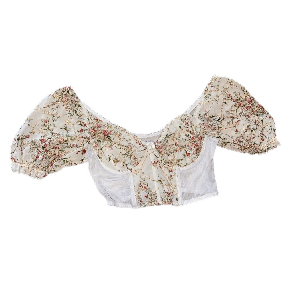 Milumia Womens L Floral Lace Puff Sleeve Sweetheart Neck Bustier Corset Crop Top
